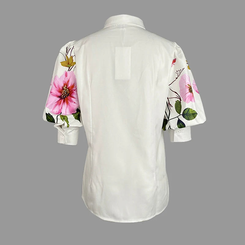 Women's Elegant Blouses 2025 Spring Autumn New Chic Puff Sleeves Asymmetric Floral Printed Lapel V-neck Shirts Tops for Woman