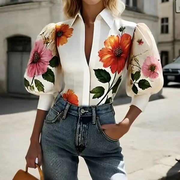 Women's Elegant Blouses 2025 Spring Autumn New Chic Puff Sleeves Asymmetric Floral Printed Lapel V-neck Shirts Tops for Woman