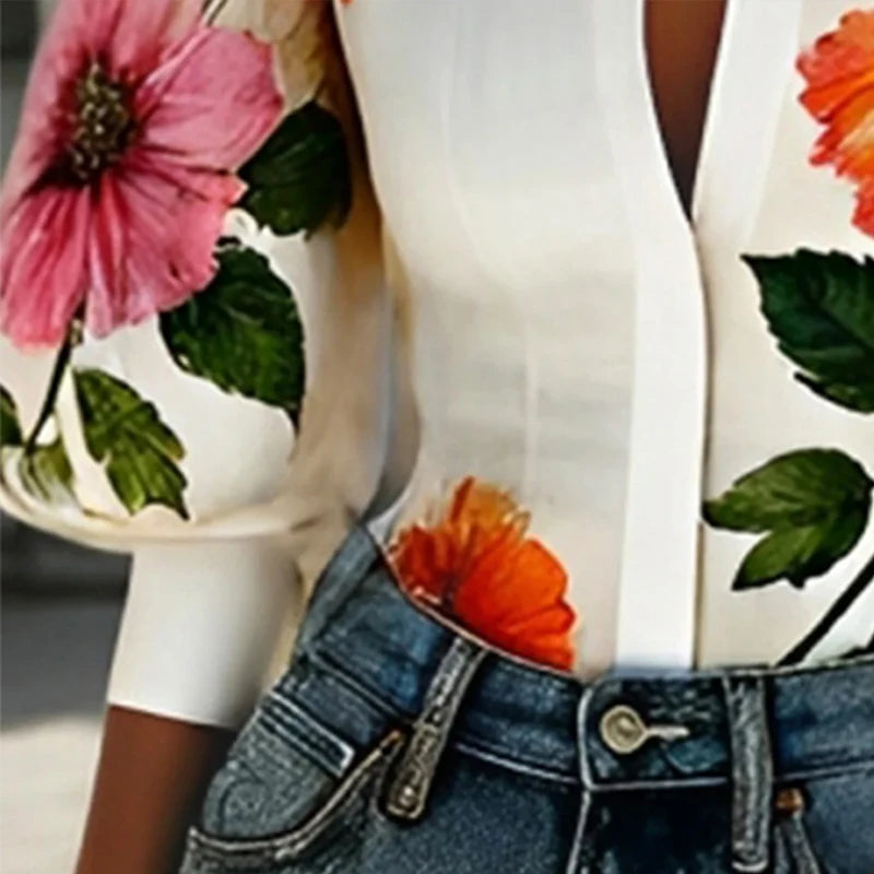 Women's Elegant Blouses 2025 Spring Autumn New Chic Puff Sleeves Asymmetric Floral Printed Lapel V-neck Shirts Tops for Woman