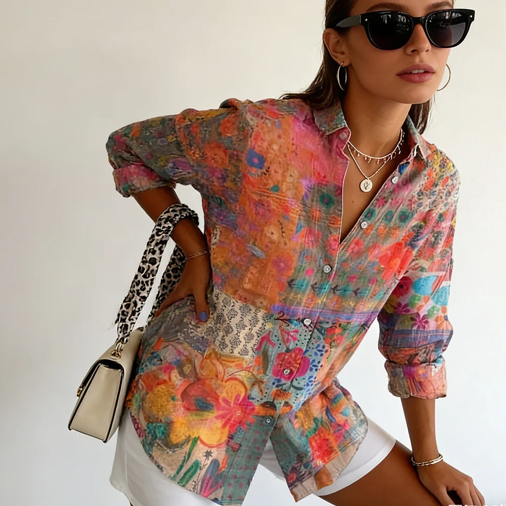 This retro Bohemian-style long-sleeved shirt with colorful floral patterns is fashionable, versatile and eye-catching
