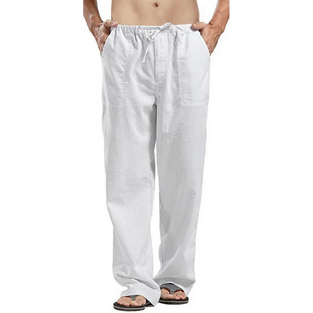 Men's Cotton Linen Pants Multiple Pockets Linen Breathable Pants Elastic Waist Fitness Joggers Trousers Casual Loose Sweatpants