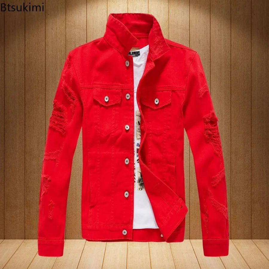 2026 New Men's Fashion Jeans Jacket Solid Spring Autumn Long Sleeves Cotton Denim Jacket Men Casual Ripped Hole Jean Coats Male