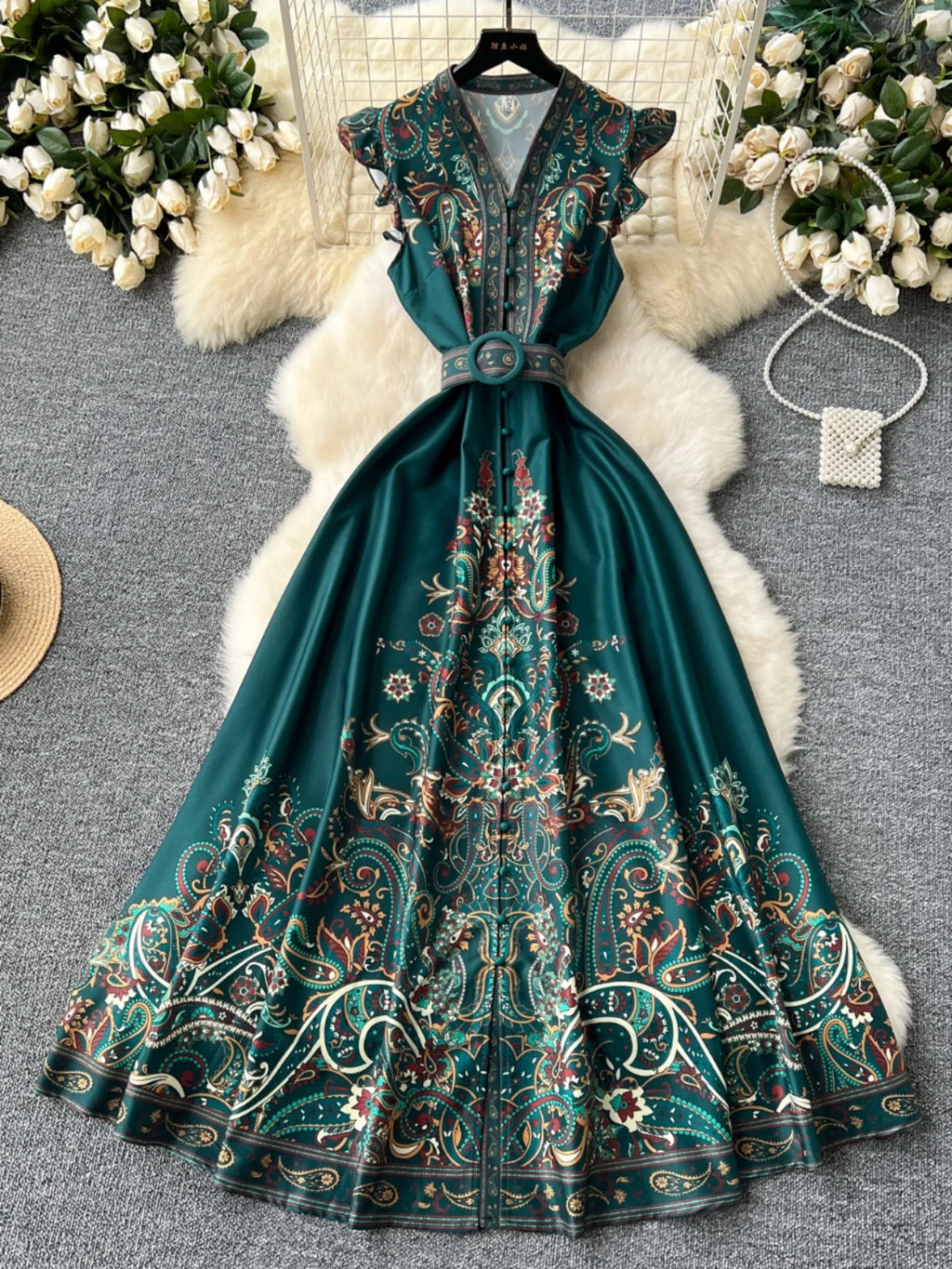 Ele Floral Print Long Dr Vintage Single Button V-Ne Skirt High Waist ort Sve Women's Summer Faion Dr