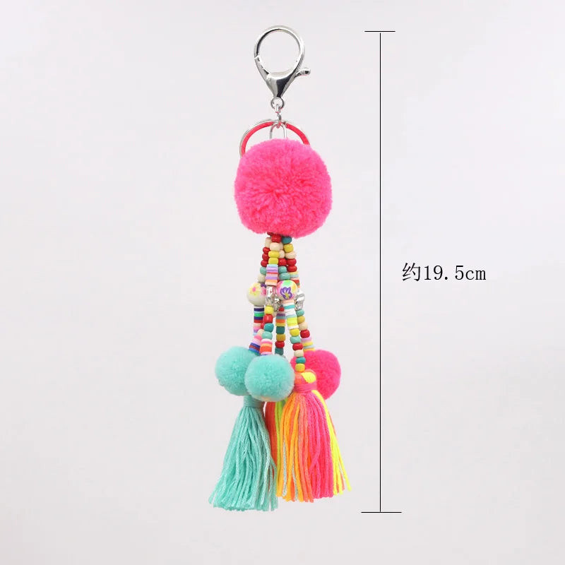 Women Jewelry Boho Keychain Colorful Beads Tassel Pompom Bag Pendant Keychain Car Key Chains Accessories Gift Female