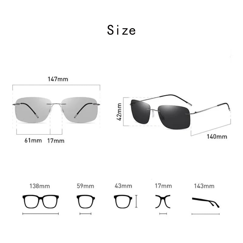 HD Pure Titanium Photochromic Rimless Sunglasses Polarized UV400 Night Vision Pilot Sun Glasses For Men Women Driving Glasses