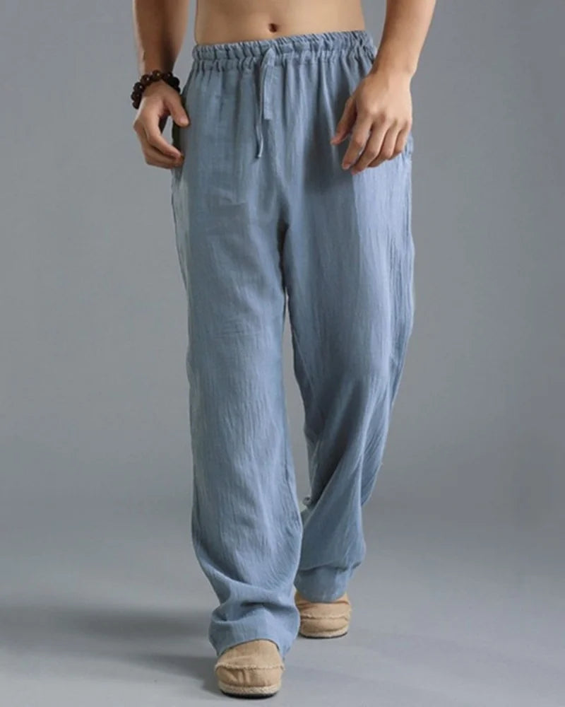 Men's cotton and linen casual pants are breathable, loose, wide legged, straight and simple pants, comfortable for daily wear, a