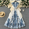 Ele Floral Print Long Dr Vintage Single Button V-Ne Skirt High Waist ort Sve Women's Summer Faion Dr