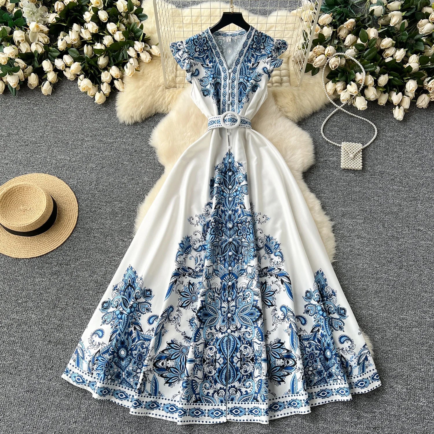 Ele Floral Print Long Dr Vintage Single Button V-Ne Skirt High Waist ort Sve Women's Summer Faion Dr