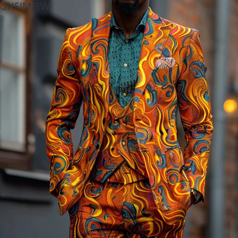 Men Personalized Casual Suit Water Pattern Jacquard Suit Jacket & Pant Fashion Printing Emcee Banquet Sets Business Casual Suits