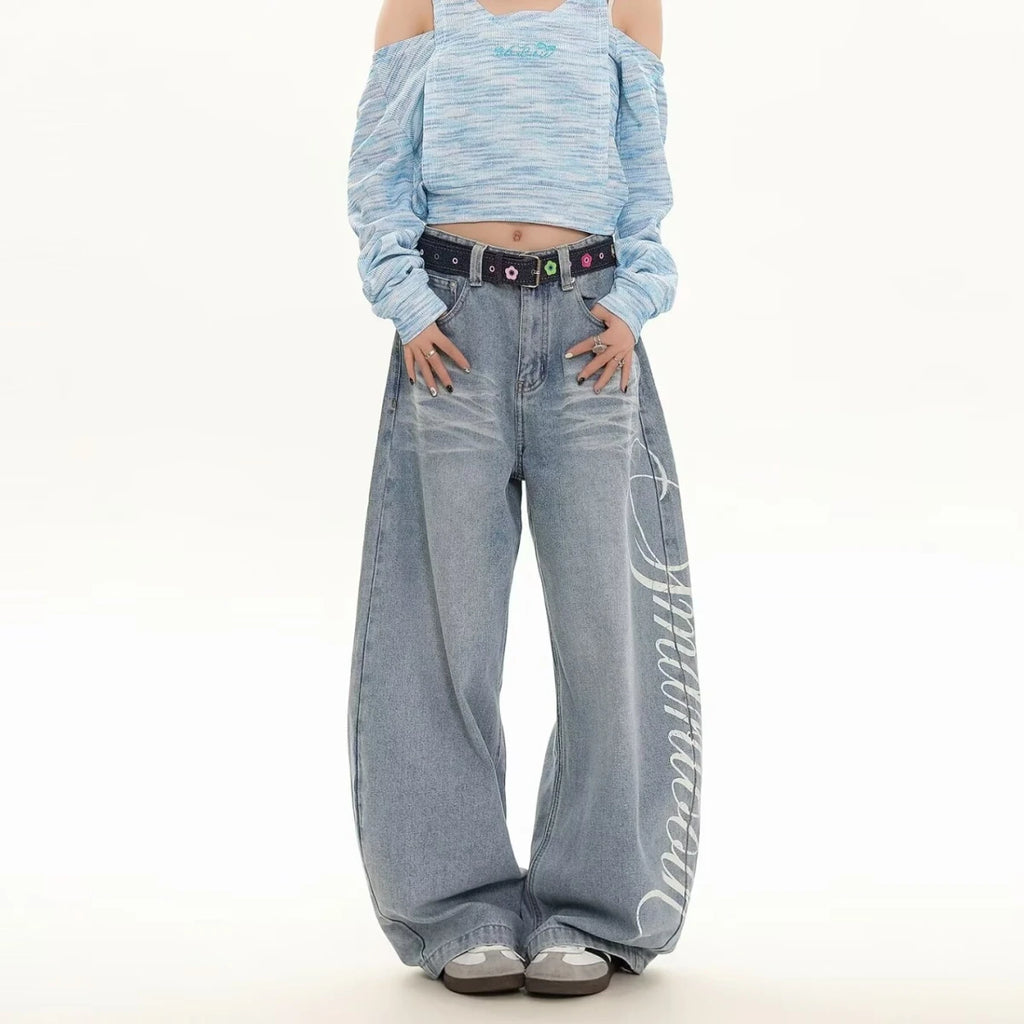Blue High Waist Loose Wide Leg Jeans Women's Fashionable Slimming Jeans Casual Comfortable Cotton Polyester Blend
