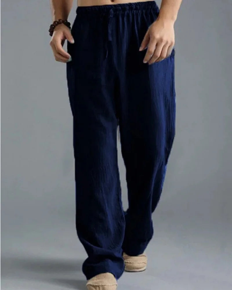 Men's cotton and linen casual pants are breathable, loose, wide legged, straight and simple pants, comfortable for daily wear, a
