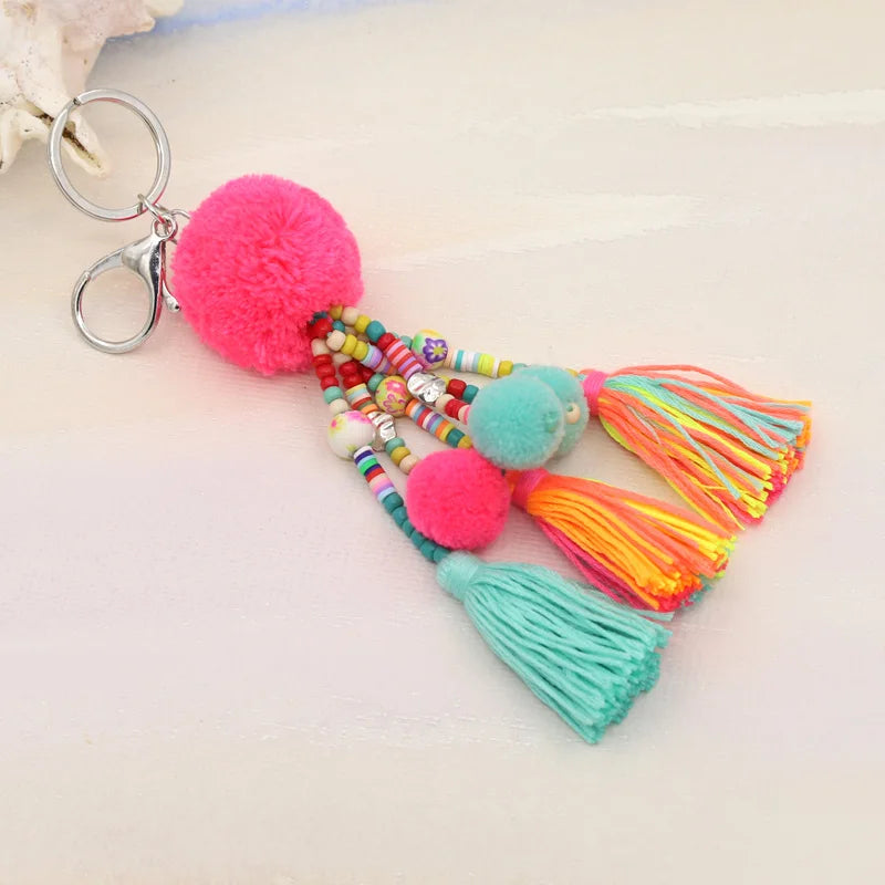 Women Jewelry Boho Keychain Colorful Beads Tassel Pompom Bag Pendant Keychain Car Key Chains Accessories Gift Female