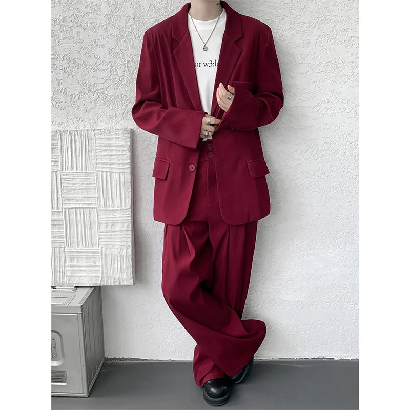 Casual suit set Men Loose fitting 2 piece suit Shoulder pads Trend Streetwear Korean 2025 NEW suit jacker+suit pants