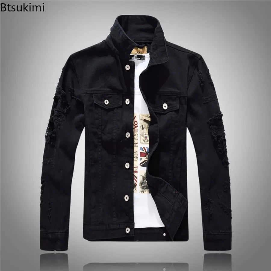 2026 New Men's Fashion Jeans Jacket Solid Spring Autumn Long Sleeves Cotton Denim Jacket Men Casual Ripped Hole Jean Coats Male