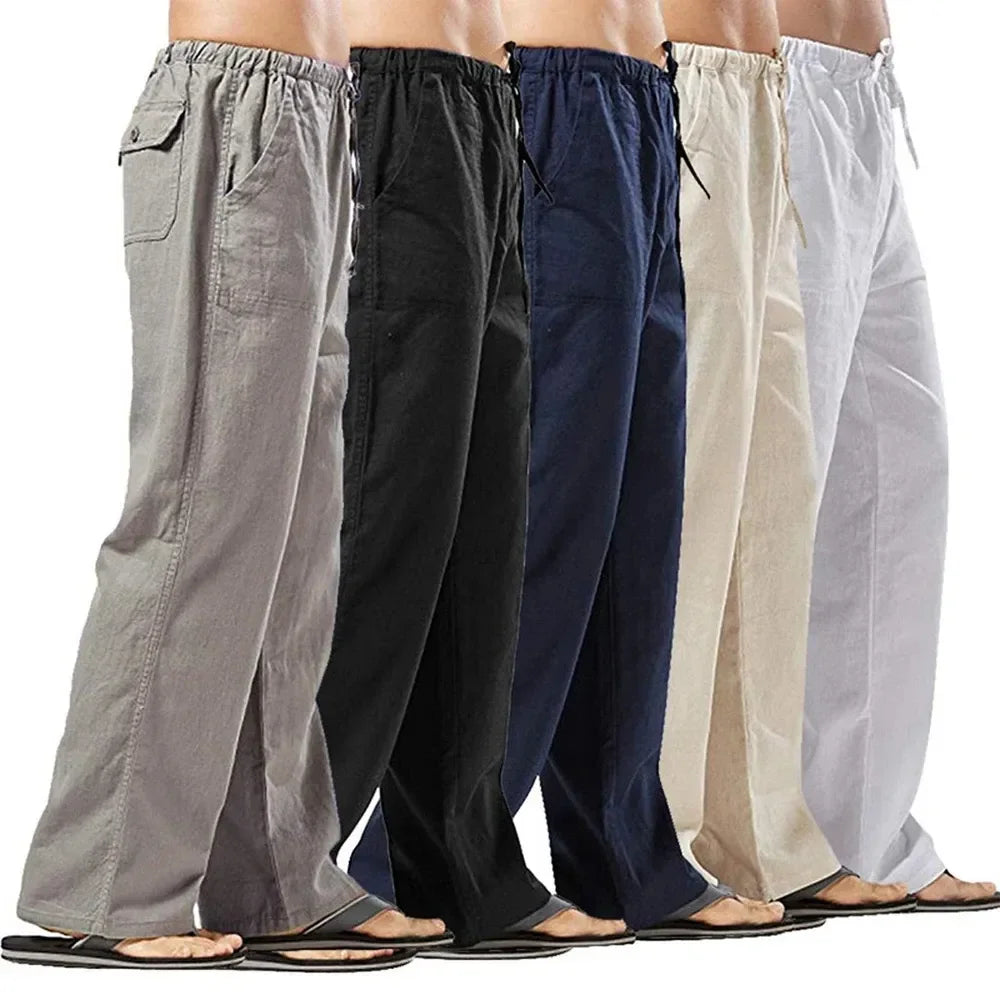 Men's Cotton Linen Pants Multiple Pockets Linen Breathable Pants Elastic Waist Fitness Joggers Trousers Casual Loose Sweatpants