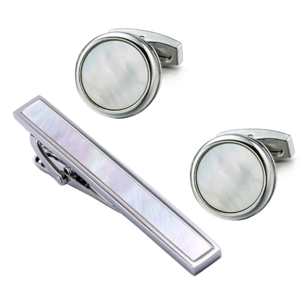 Men's Formal Attire Tie Clip Cufflinks White Shell Suit Fashionable Shirt Sleeve Studs Decorative Accessories