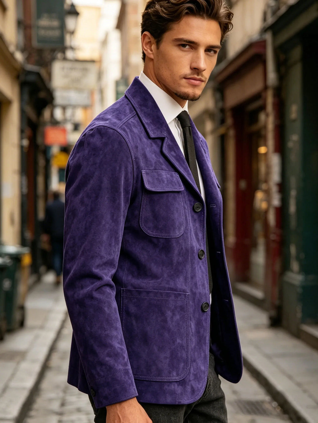 Men's Suede Safari Jacket Navy Slim Fit Fashion Multi-Pocket Notched Lapel Retro Casual Hunting Blazer For Business Daily Wear