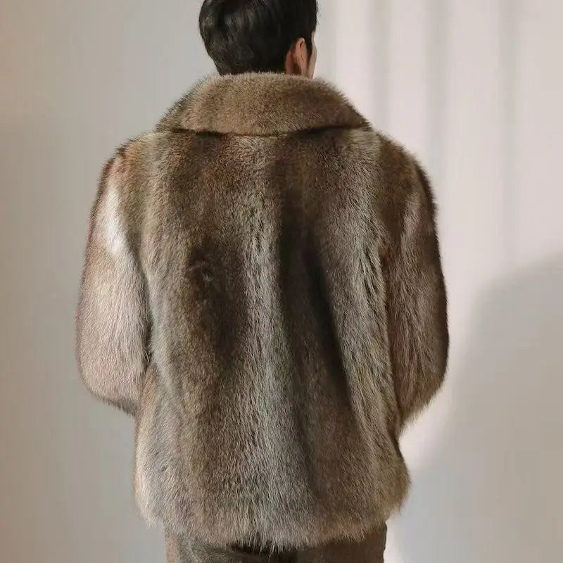 2025 New Autumn Winter Thicken Men's Fur Warm Soft Artificial Raccoon Plush Hoodies Light Luxury Fashion Tops Coat Male Overwear