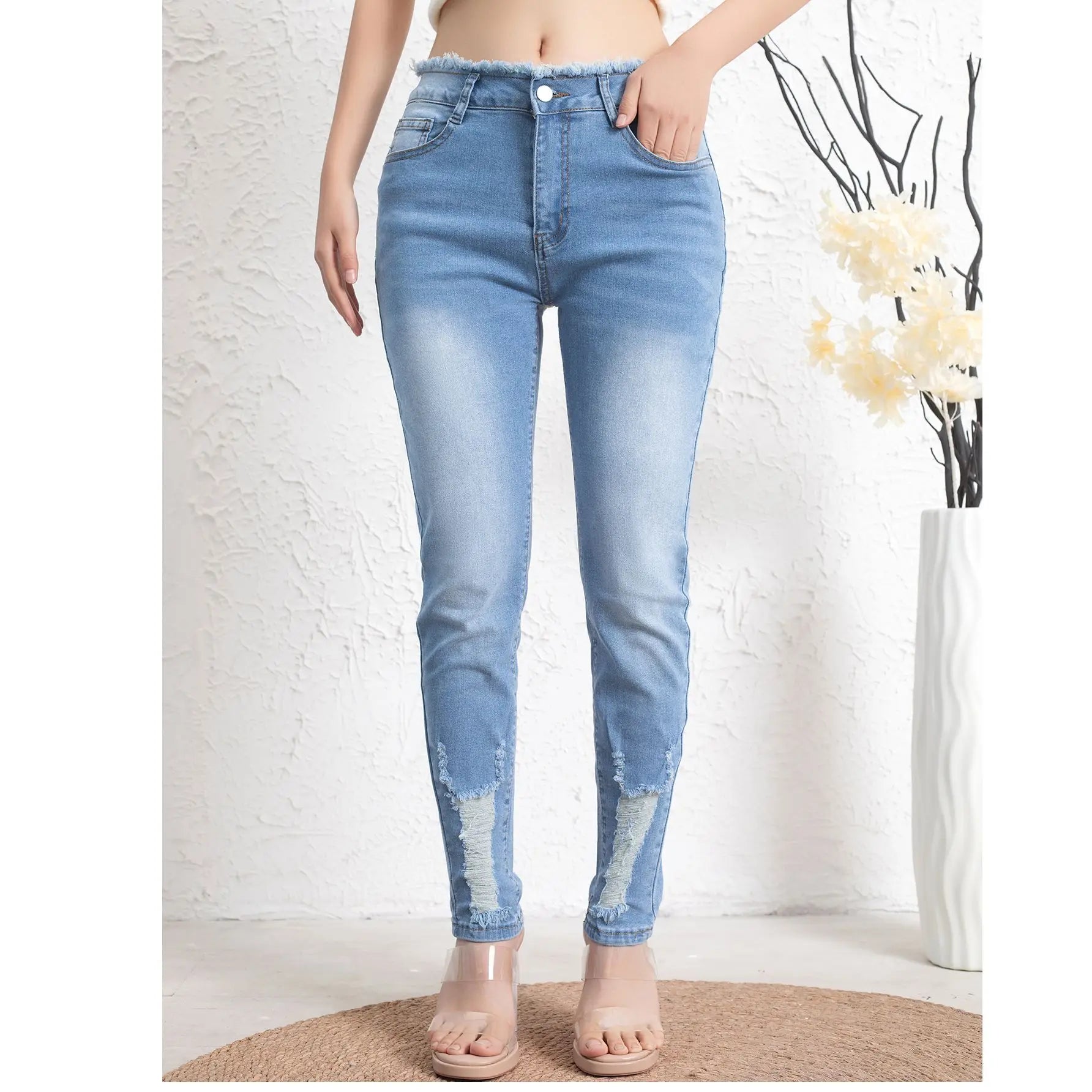 Women's jeans spring and autumn elastic American retro fashion light blue hole versatile slimming trend denim pants