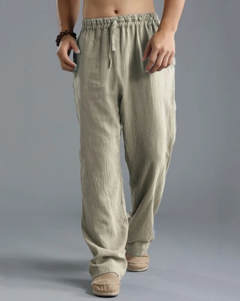 Men's cotton and linen casual pants are breathable, loose, wide legged, straight and simple pants, comfortable for daily wear, a