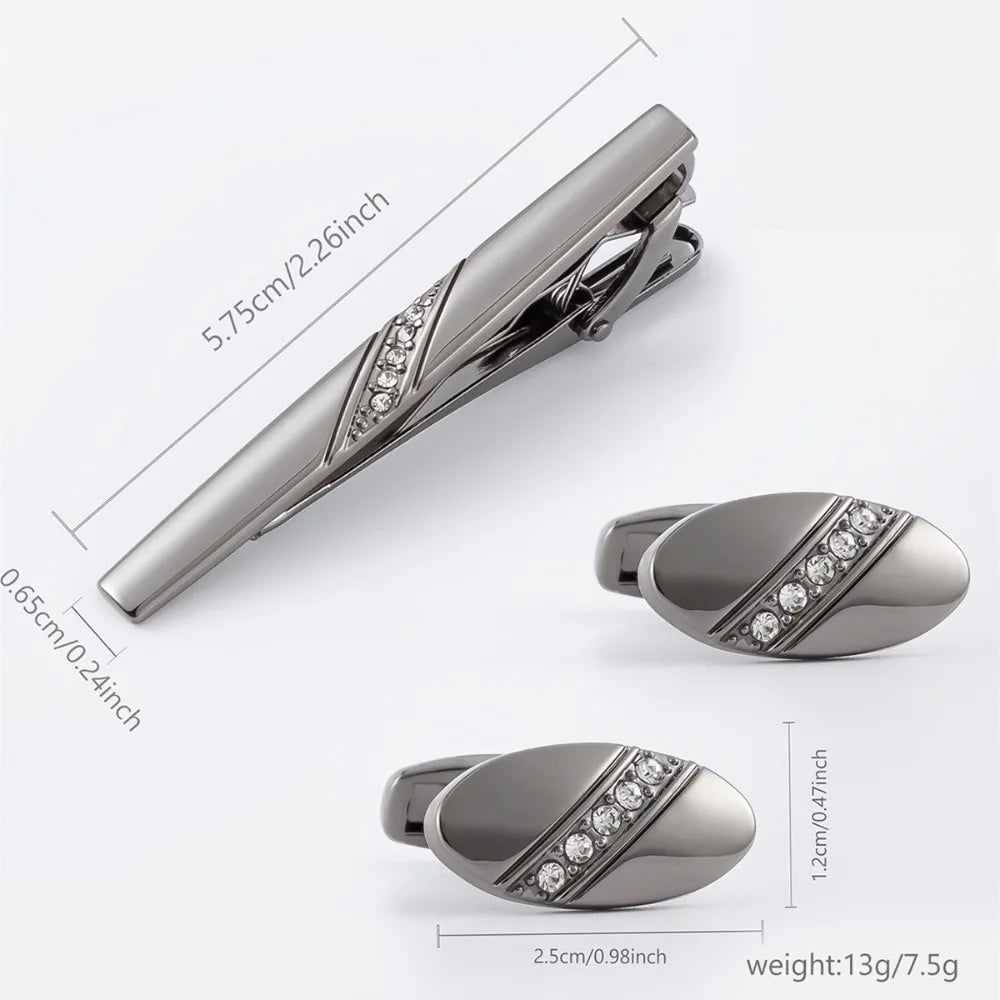 A Pair New Arrival Shiny Inlaid Tie Clip Cufflinks Set for Men Elegant Shirt Accessories Combo Perfect for Elevating