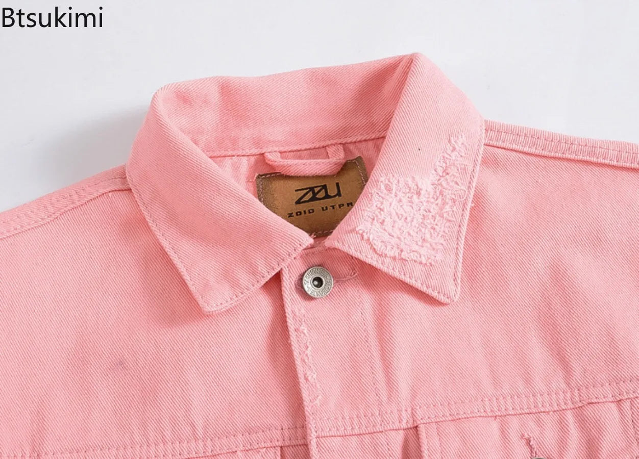 2026 New Men's Fashion Jeans Jacket Solid Spring Autumn Long Sleeves Cotton Denim Jacket Men Casual Ripped Hole Jean Coats Male