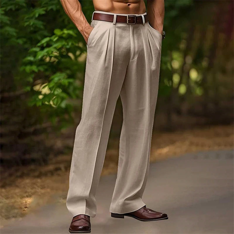 Daily Casual Mens Loose Straight Pants 2025 Spring Summer Leisure Breathable Thin Linen Trousers For Men Vintage Pleated Pants