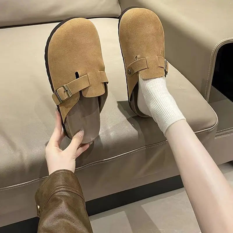 Comwarm Fashion Women's Suede Mules Slippers Men Clogs Cork Insole Sandals With Arch Support Outdoor Beach Slides Home Shoes