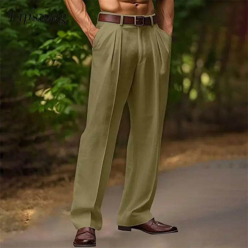 Daily Casual Mens Loose Straight Pants 2025 Spring Summer Leisure Breathable Thin Linen Trousers For Men Vintage Pleated Pants