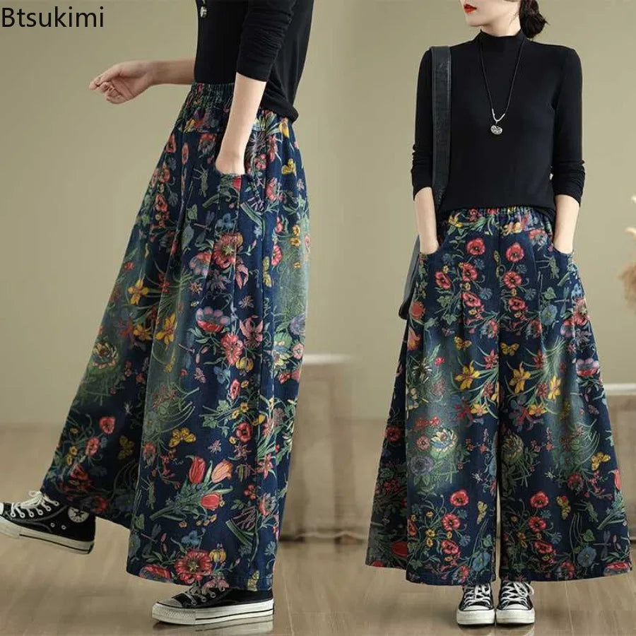 Women Jeans Vintage Floral Print Spring Wide Leg Pants Loose Fashion Ladies Oversized Trousers Elastic Waist Casual Denim Pants