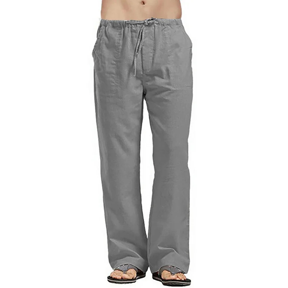 Men's Cotton Linen Pants Multiple Pockets Linen Breathable Pants Elastic Waist Fitness Joggers Trousers Casual Loose Sweatpants