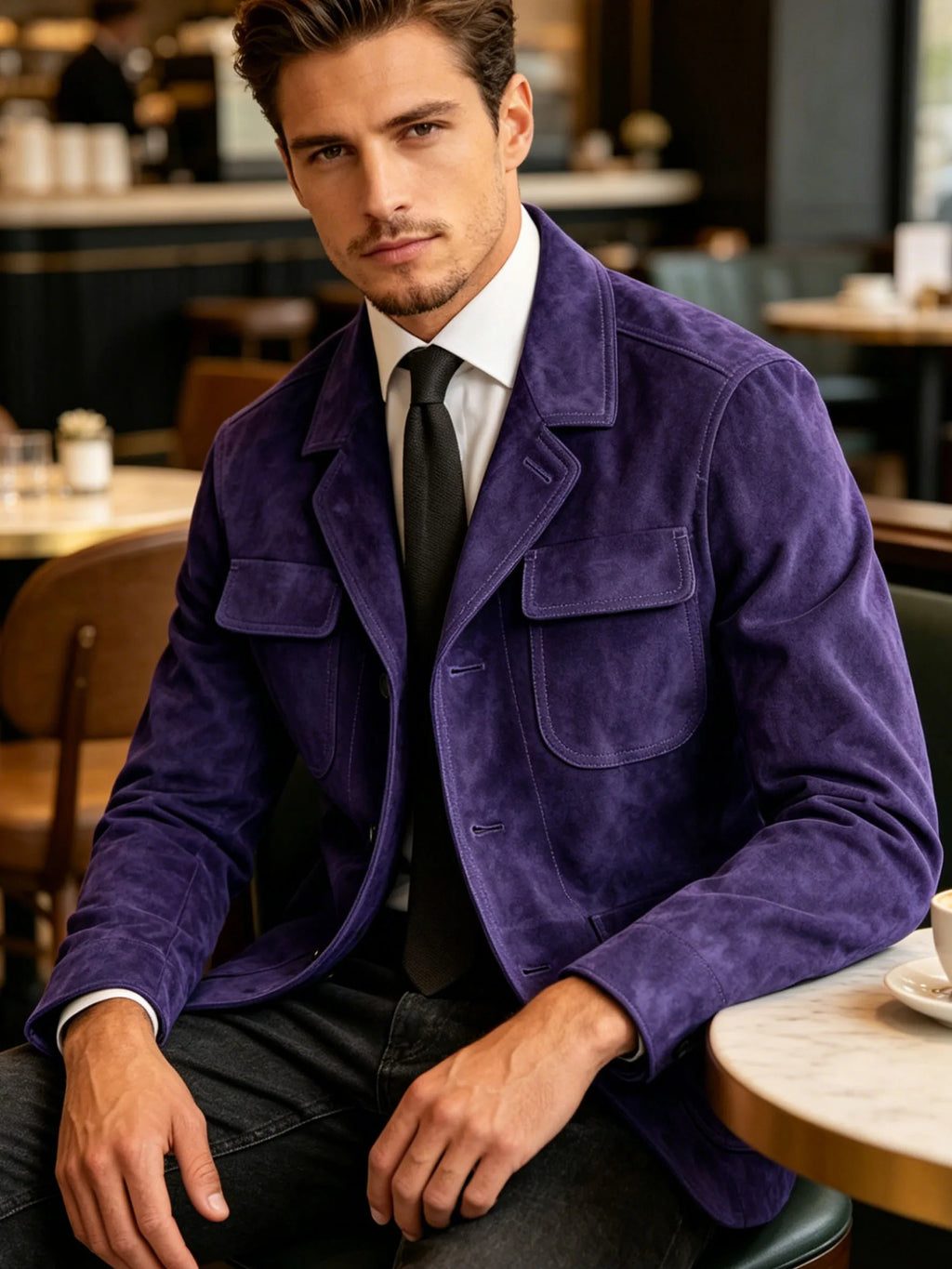Men's Suede Safari Jacket Navy Slim Fit Fashion Multi-Pocket Notched Lapel Retro Casual Hunting Blazer For Business Daily Wear