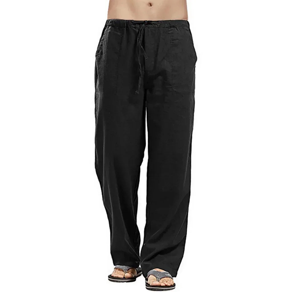 Men's Cotton Linen Pants Multiple Pockets Linen Breathable Pants Elastic Waist Fitness Joggers Trousers Casual Loose Sweatpants