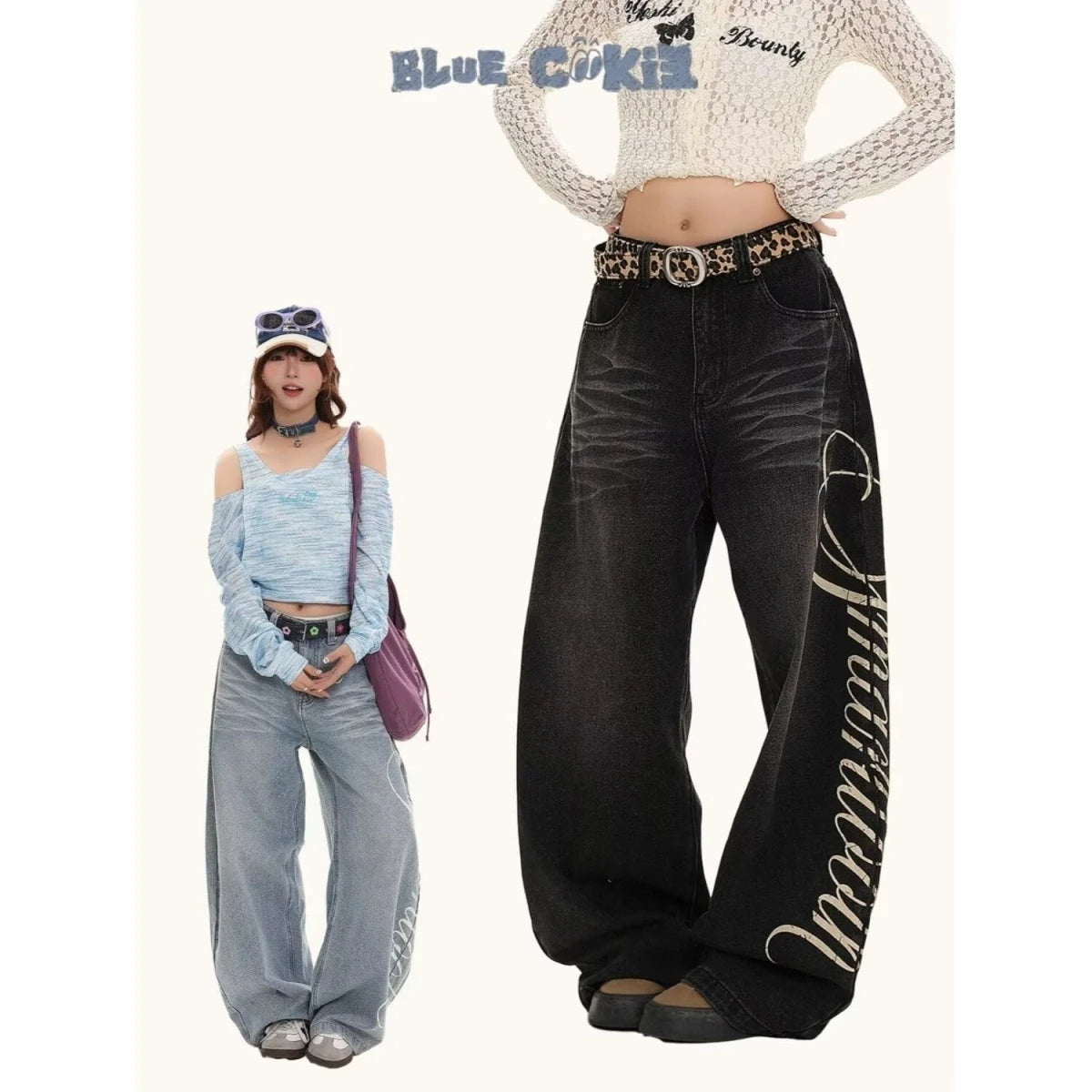 Blue High Waist Loose Wide Leg Jeans Women's Fashionable Slimming Jeans Casual Comfortable Cotton Polyester Blend