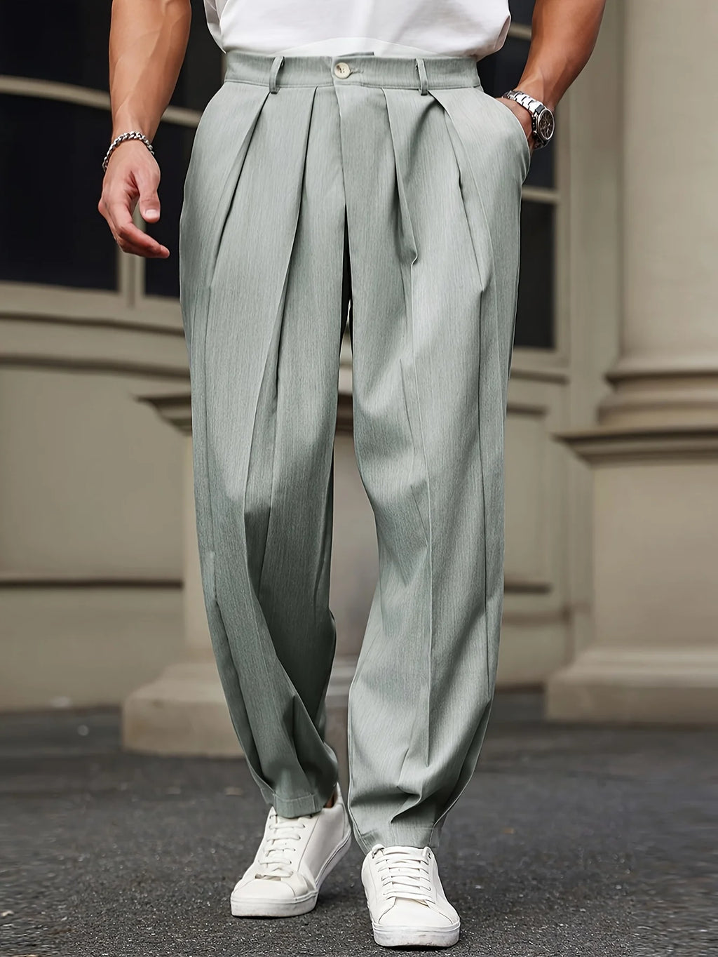 Men's Casual Trousers Comfortable Loose Fit Solid Color Waist 11'' Pocket Straight Leg Ankle-Length Pants
