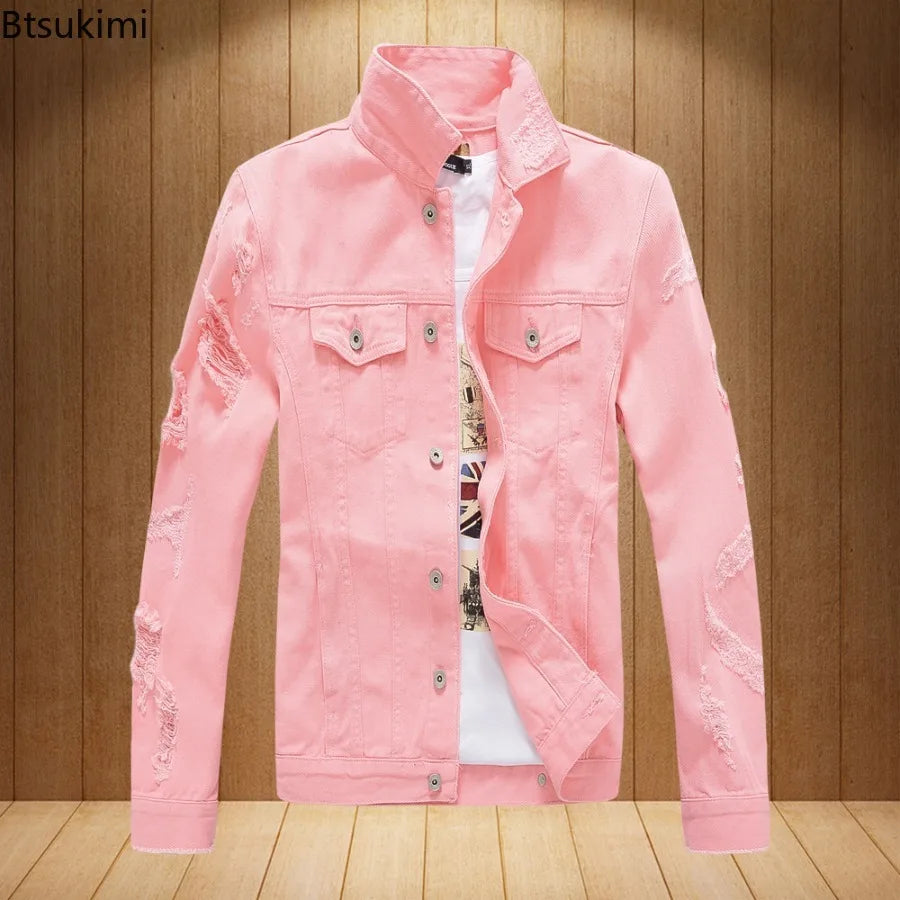2026 New Men's Fashion Jeans Jacket Solid Spring Autumn Long Sleeves Cotton Denim Jacket Men Casual Ripped Hole Jean Coats Male
