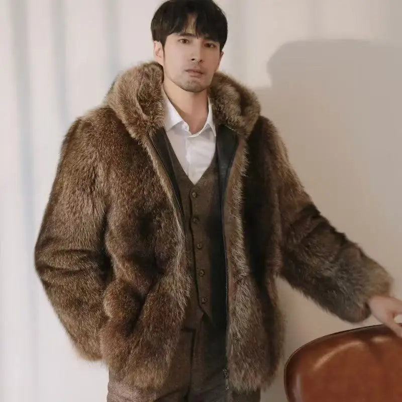 2025 New Autumn Winter Thicken Men's Fur Warm Soft Artificial Raccoon Plush Hoodies Light Luxury Fashion Tops Coat Male Overwear