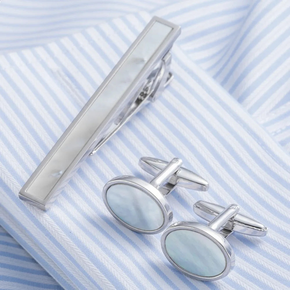 Men's Formal Attire Tie Clip Cufflinks White Shell Suit Fashionable Shirt Sleeve Studs Decorative Accessories