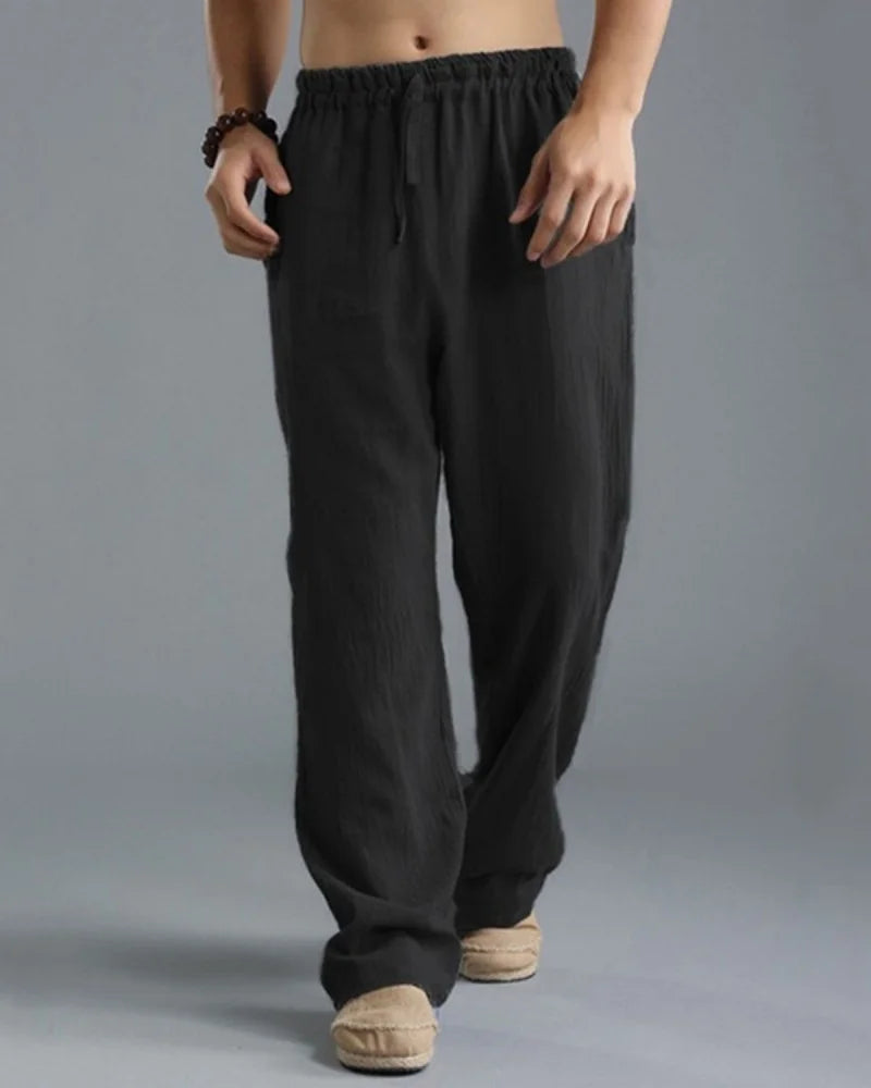 Men's cotton and linen casual pants are breathable, loose, wide legged, straight and simple pants, comfortable for daily wear, a
