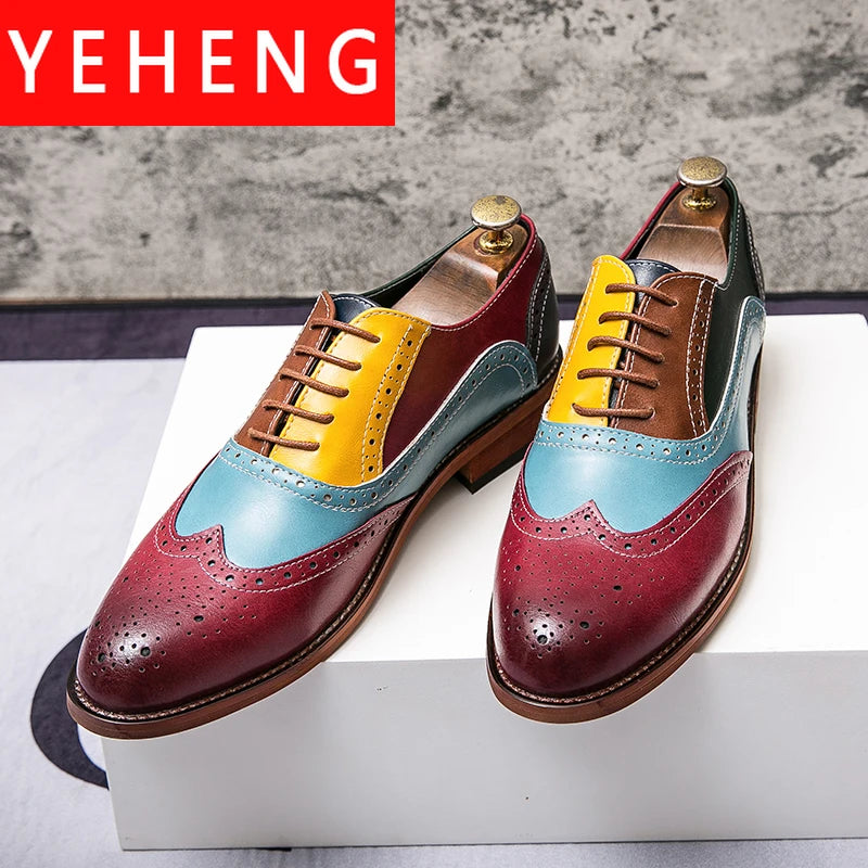 Men Business Dress shoe Colorful  Lace up Fashion Man Casual Leather Oxfords shoes Flat Leisure Wedding Party shoe Men Big Size