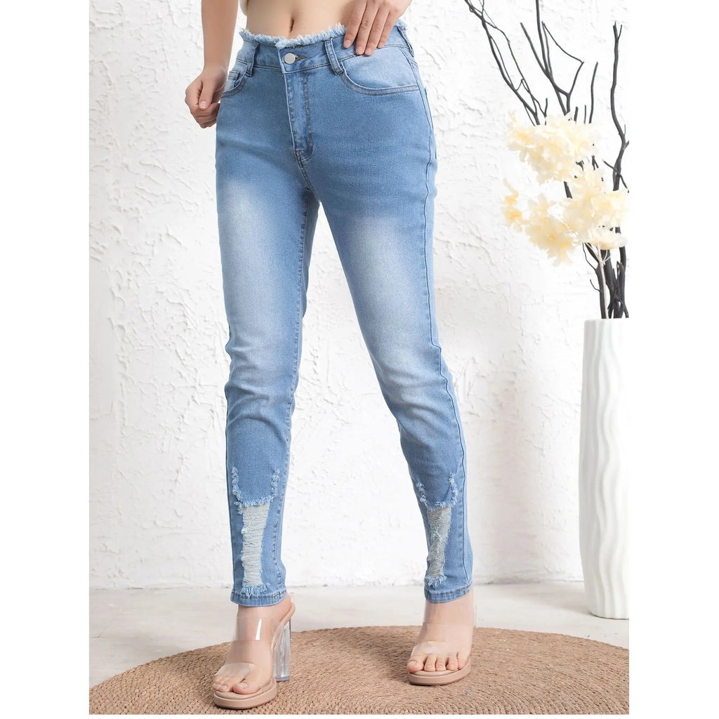 Women's jeans spring and autumn elastic American retro fashion light blue hole versatile slimming trend denim pants