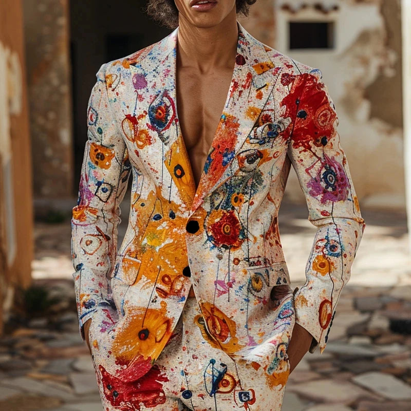 Men Personalized Casual Suit Water Pattern Jacquard Suit Jacket & Pant Fashion Printing Emcee Banquet Sets Business Casual Suits