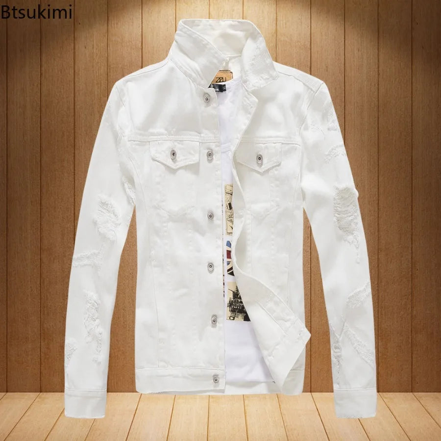 2026 New Men's Fashion Jeans Jacket Solid Spring Autumn Long Sleeves Cotton Denim Jacket Men Casual Ripped Hole Jean Coats Male