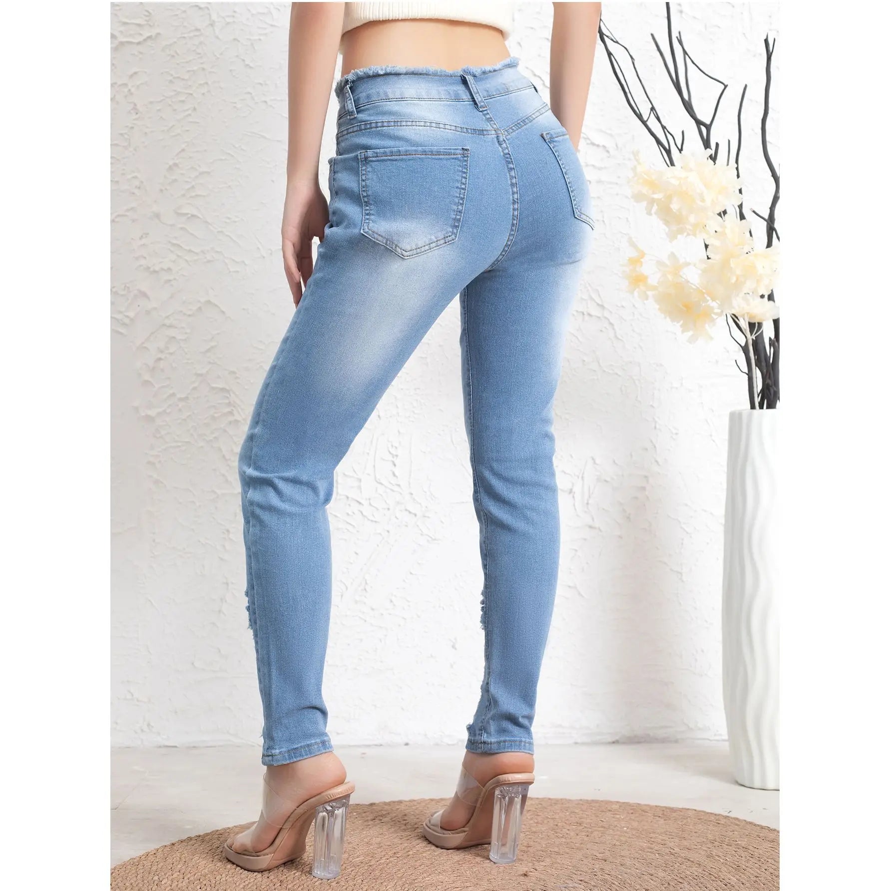 Women's jeans spring and autumn elastic American retro fashion light blue hole versatile slimming trend denim pants