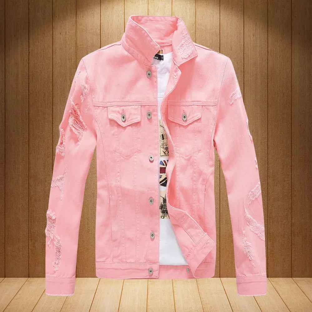 2026 New Men's Fashion Jeans Jacket Solid Spring Autumn Long Sleeves Cotton Denim Jacket Men Casual Ripped Hole Jean Coats Male
