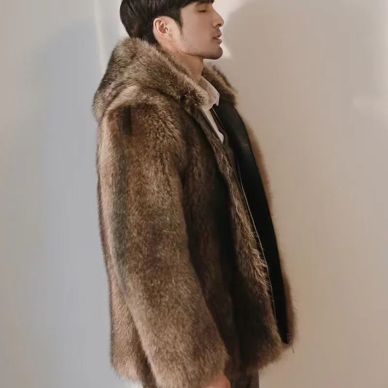 2025 New Autumn Winter Thicken Men's Fur Warm Soft Artificial Raccoon Plush Hoodies Light Luxury Fashion Tops Coat Male Overwear