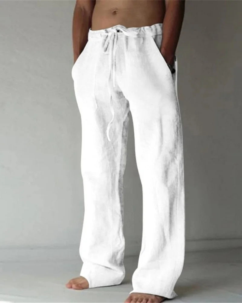 Men's cotton and linen casual pants are breathable, loose, wide legged, straight and simple pants, comfortable for daily wear, a
