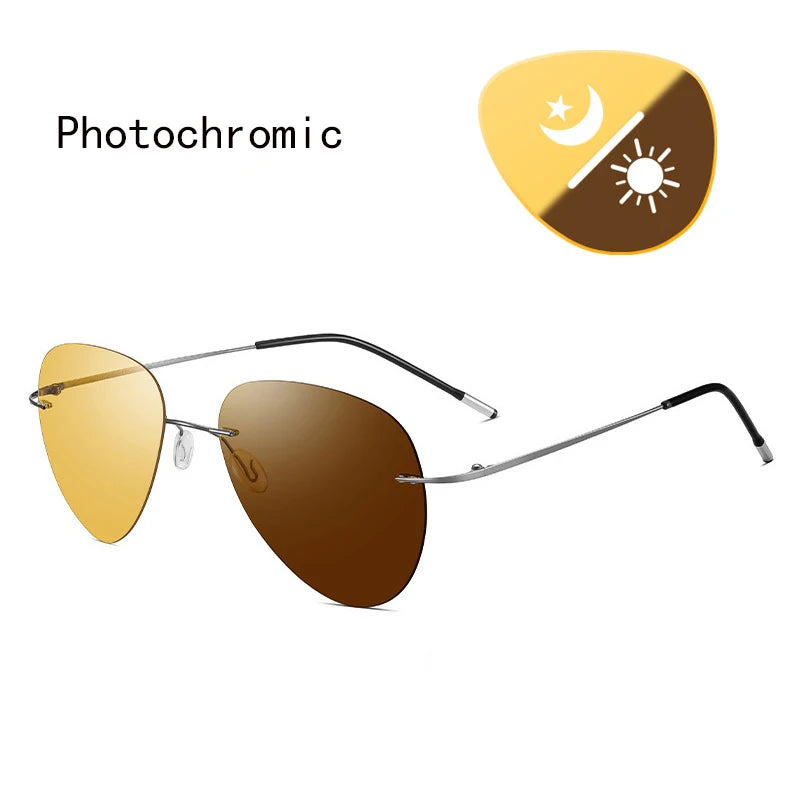 HD Pure Titanium Photochromic Rimless Sunglasses Polarized UV400 Night Vision Pilot Sun Glasses For Men Women Driving Glasses