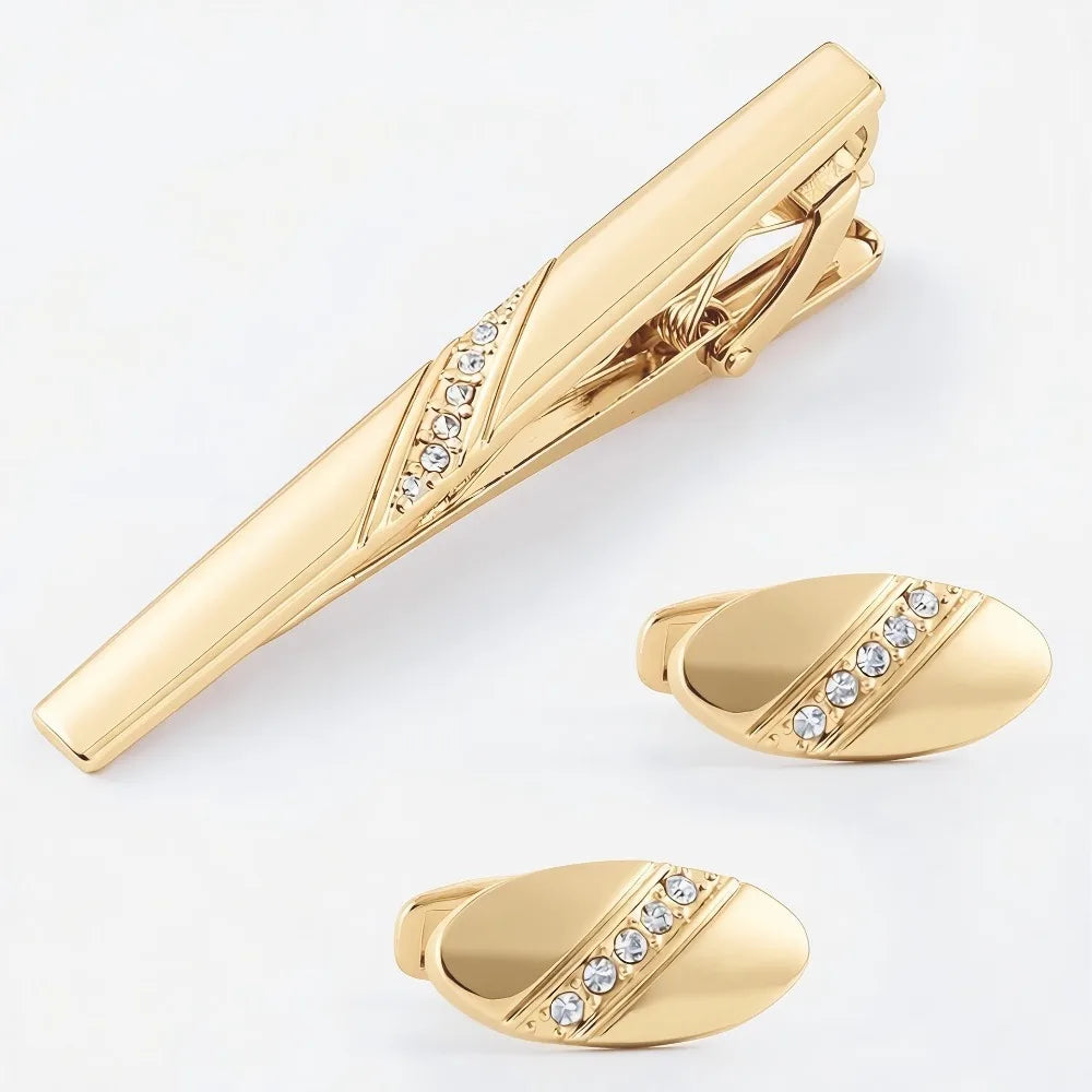 A Pair New Arrival Shiny Inlaid Tie Clip Cufflinks Set for Men Elegant Shirt Accessories Combo Perfect for Elevating