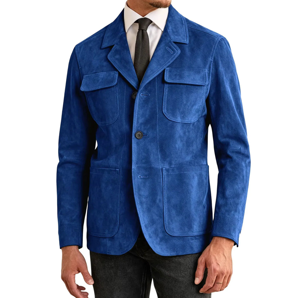 Men's Suede Safari Jacket Navy Slim Fit Fashion Multi-Pocket Notched Lapel Retro Casual Hunting Blazer For Business Daily Wear